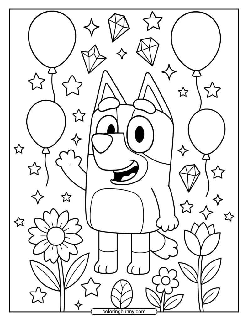 Coloring page of Bluey waving, surrounded by balloons, stars, diamonds, and flowers.