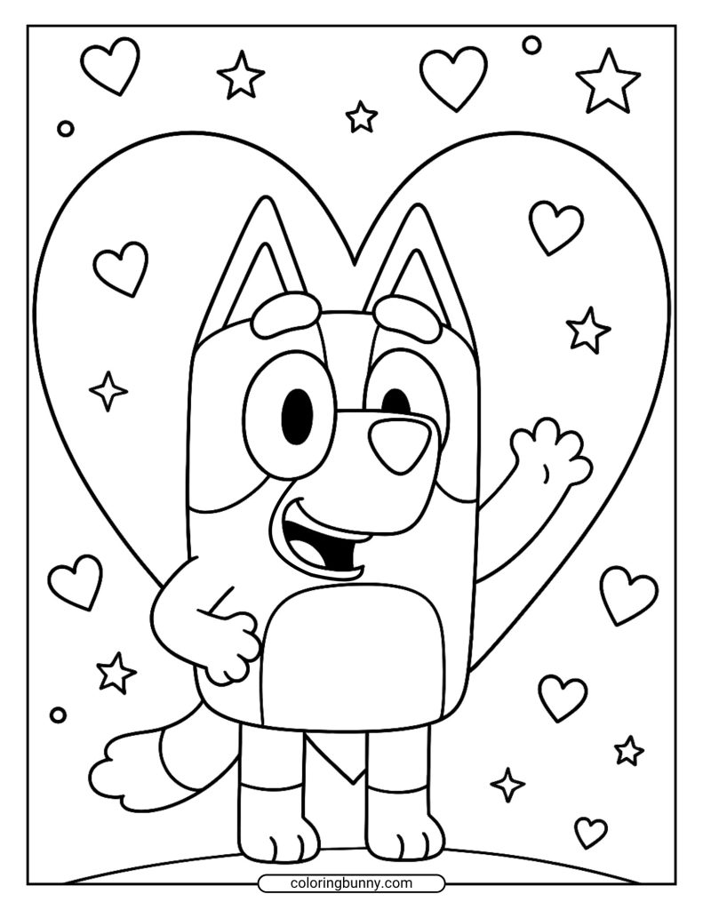 Coloring page of Bluey with a large heart, stars and hearts in the background