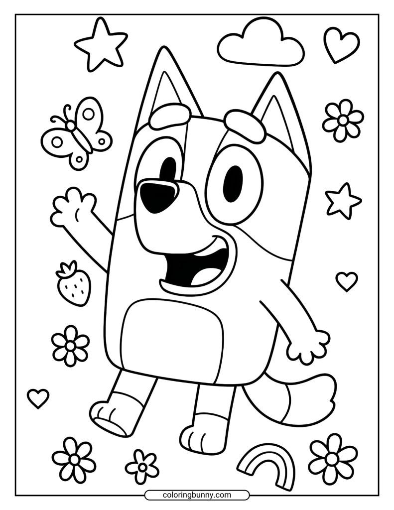 Coloring page of Bluey waving, surrounded by butterfly, rainbow, flowers, stars, cloud, heart, and strawberry.