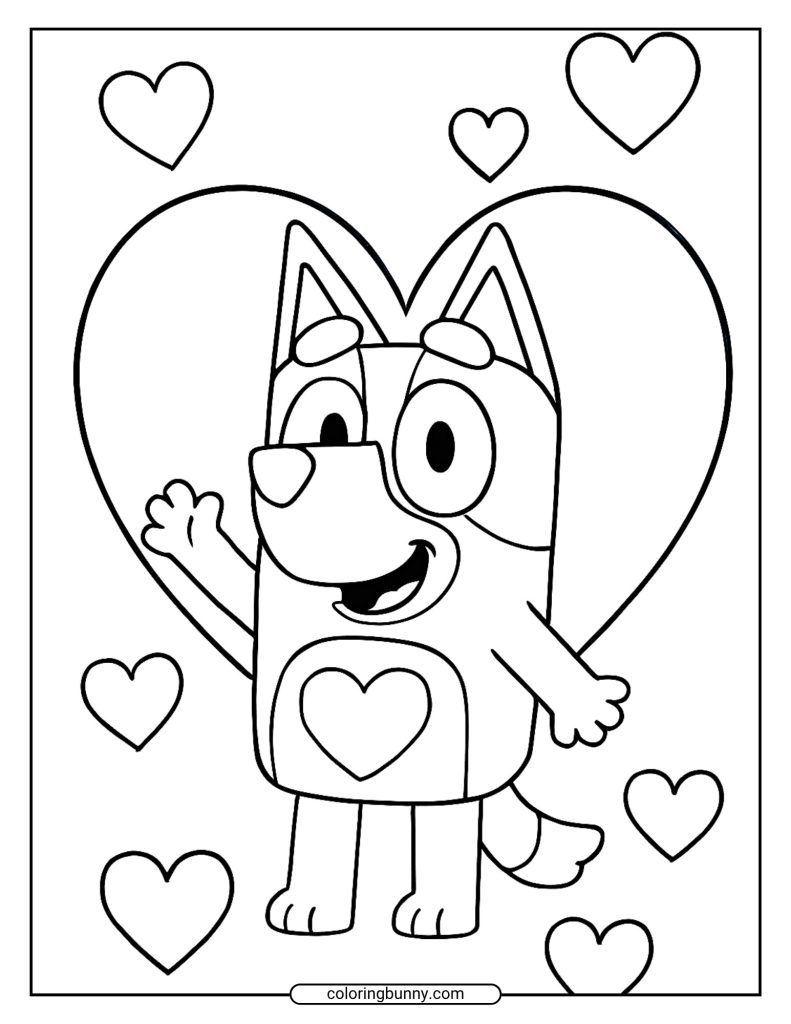 A black and white coloring page of Bluey waving with a big smile and a large heart outline behind her, surrounded by smaller hearts.