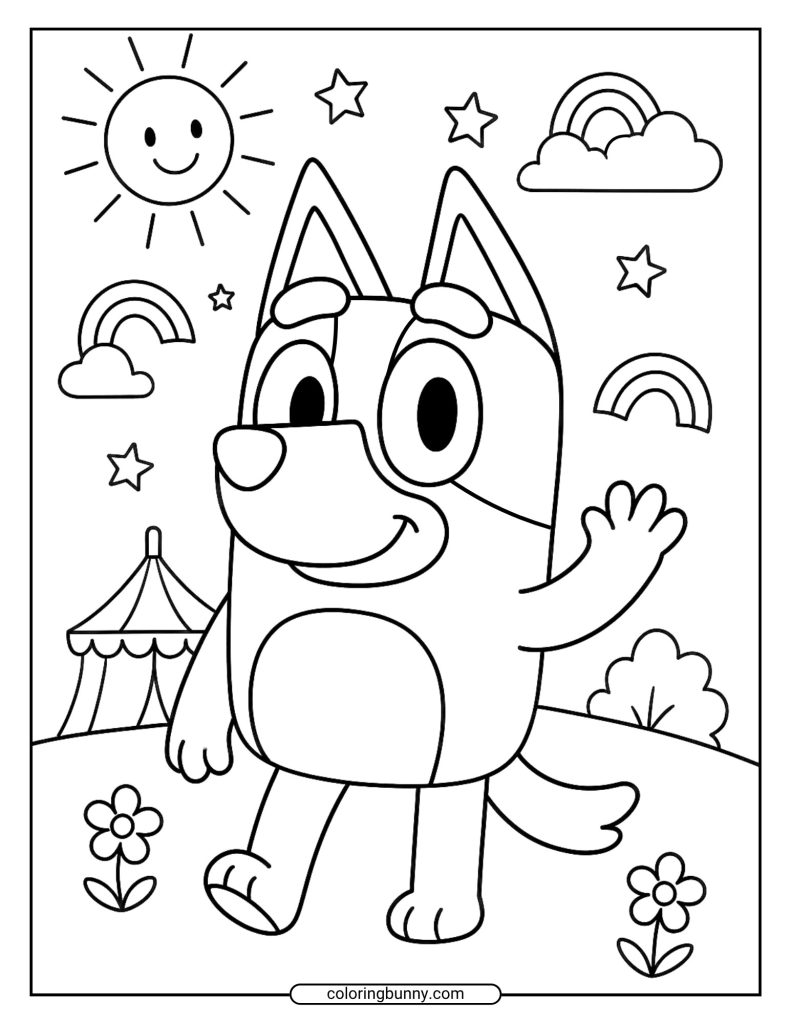 Coloring page of Bluey walking past a small tent, waving; bright sun, clouds, stars, and three rainbows fill the cheerful sky.
