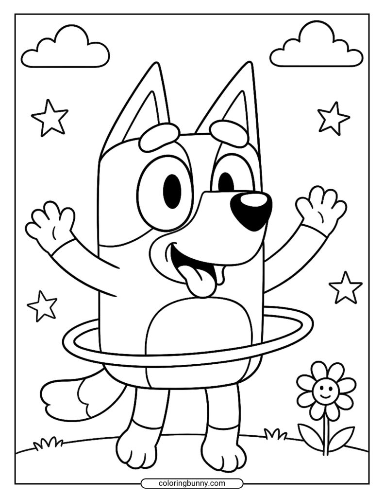 Coloring page of Bluey spinning a hula hoop with arms raised and tongue lolling; stars, clouds, and a cheerful flower in the scene.