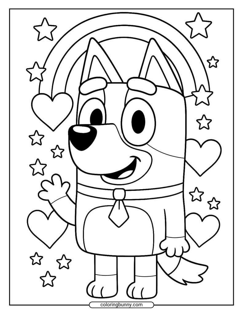 A black and white coloring page of Bluey wearing a tie and waving under an arched rainbow, with scattered hearts and stars.