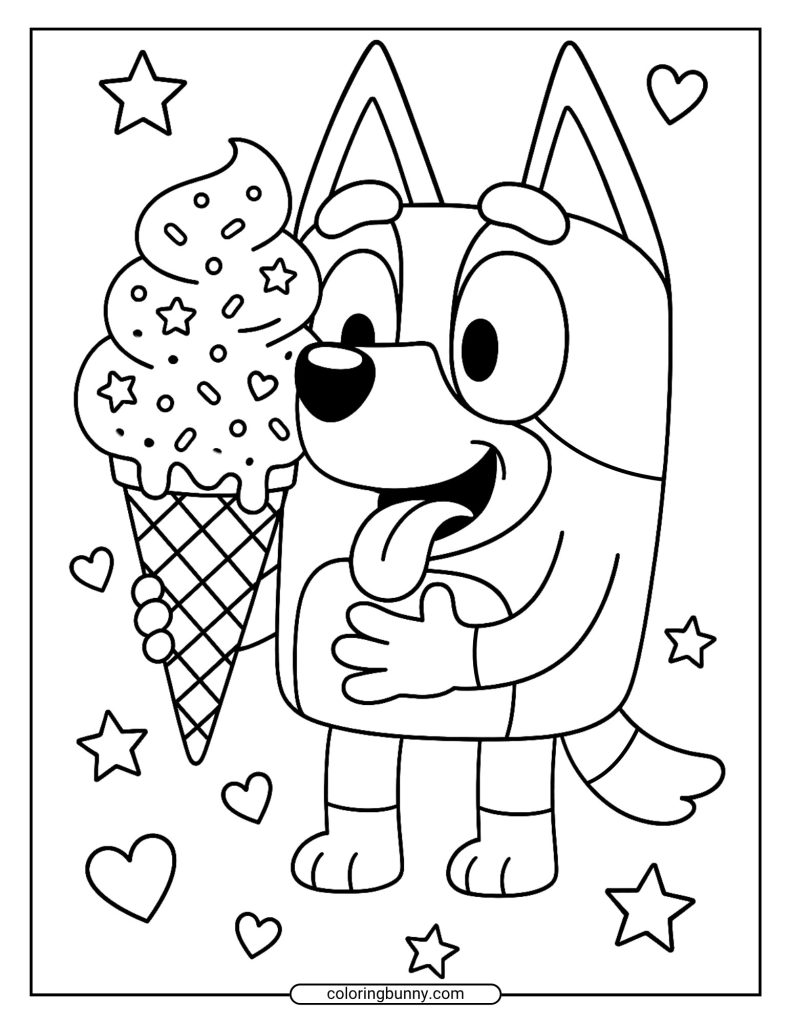 Coloring page of a happy Bluey holding a giant ice cream cone with sprinkles, with hearts and stars floating around her.
