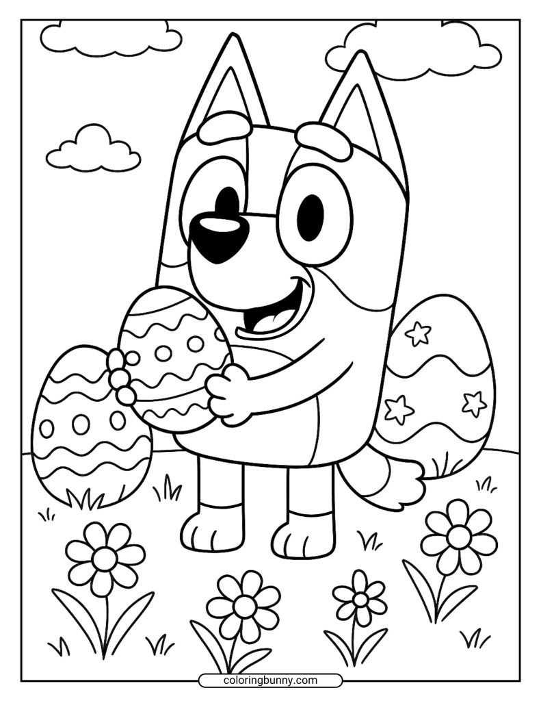 Bluey coloring page with decorated Easter eggs and spring flowers