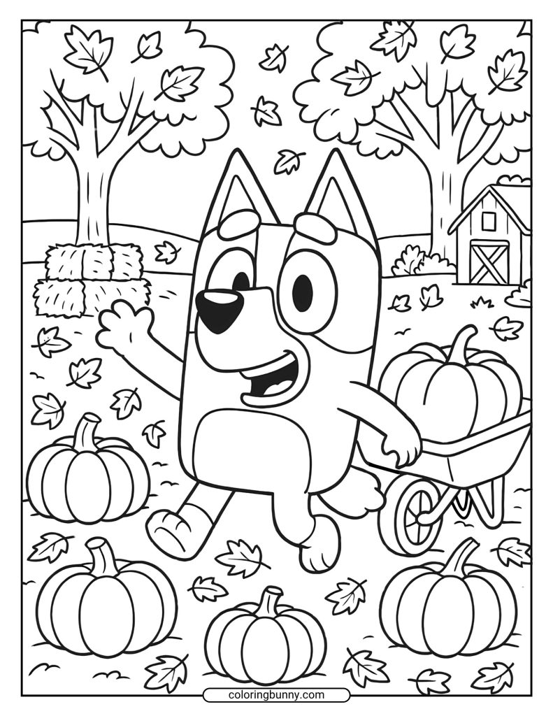 Coloring page of Bluey walking in a pumpkin patch, waving next to a wheelbarrow of pumpkins with falling leaves, trees, and a barn.