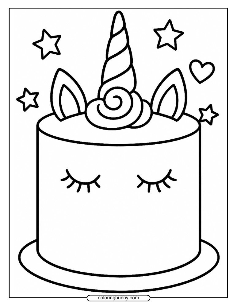 Coloring sheet of a unicorn cake with a spiral horn, closed eyes, pointy ears, and floating stars in the background.