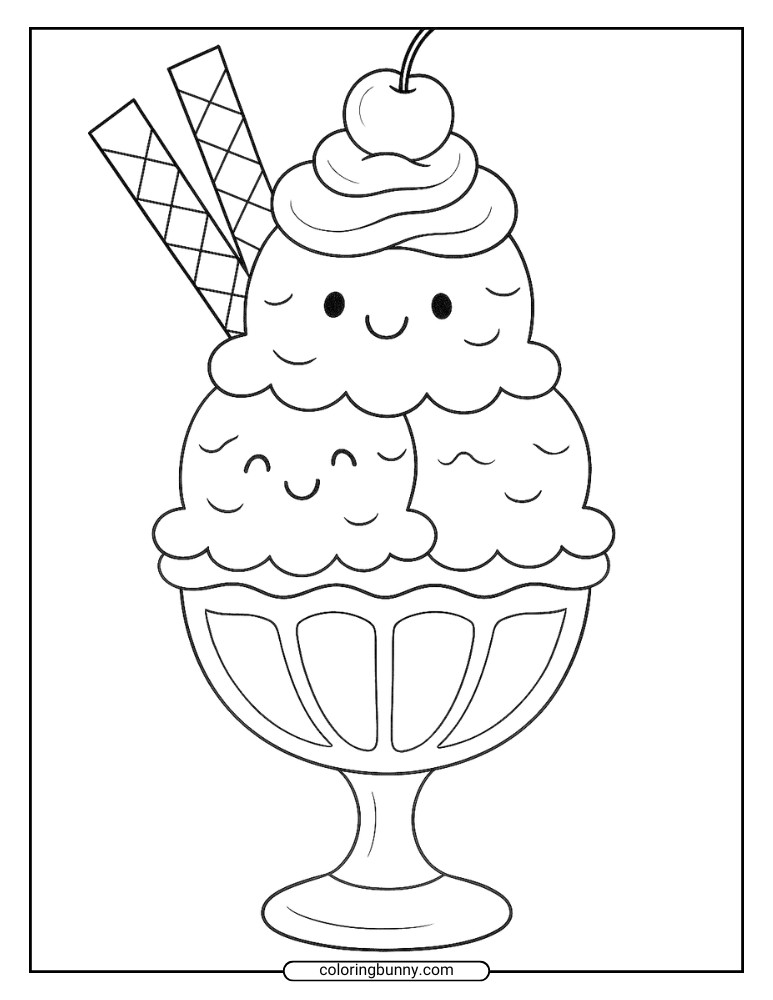 Ice cream coloring page of a cute dessert bowl filled with scoops topped with whipped cream, wafers, and a cherry.