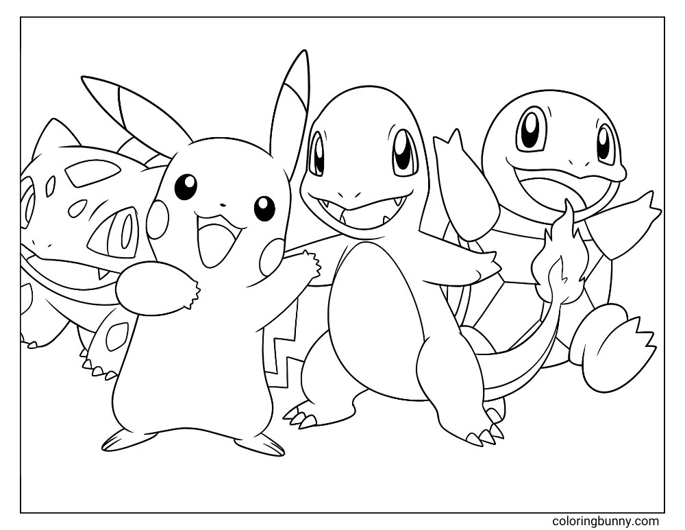 Bulbasaur, Pikachu, Charmander and Squirtle Pokemon coloring page