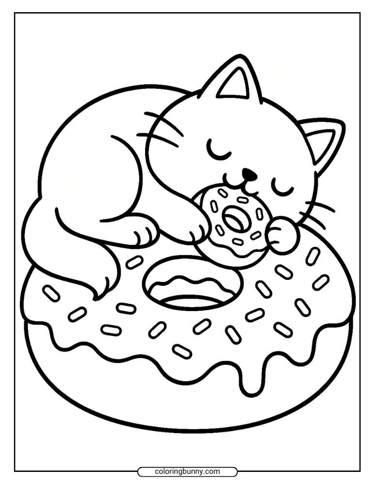 Donut coloring page of an adorable cartoon cat curled up on a giant sprinkled donut while holding and eating a smaller donut.