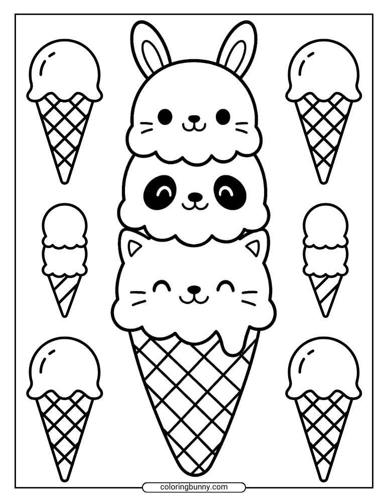 Cute ice cream coloring page with scoops shaped like a bunny, panda, and cat stacked in a cone, surrounded by smaller ice cream cones.