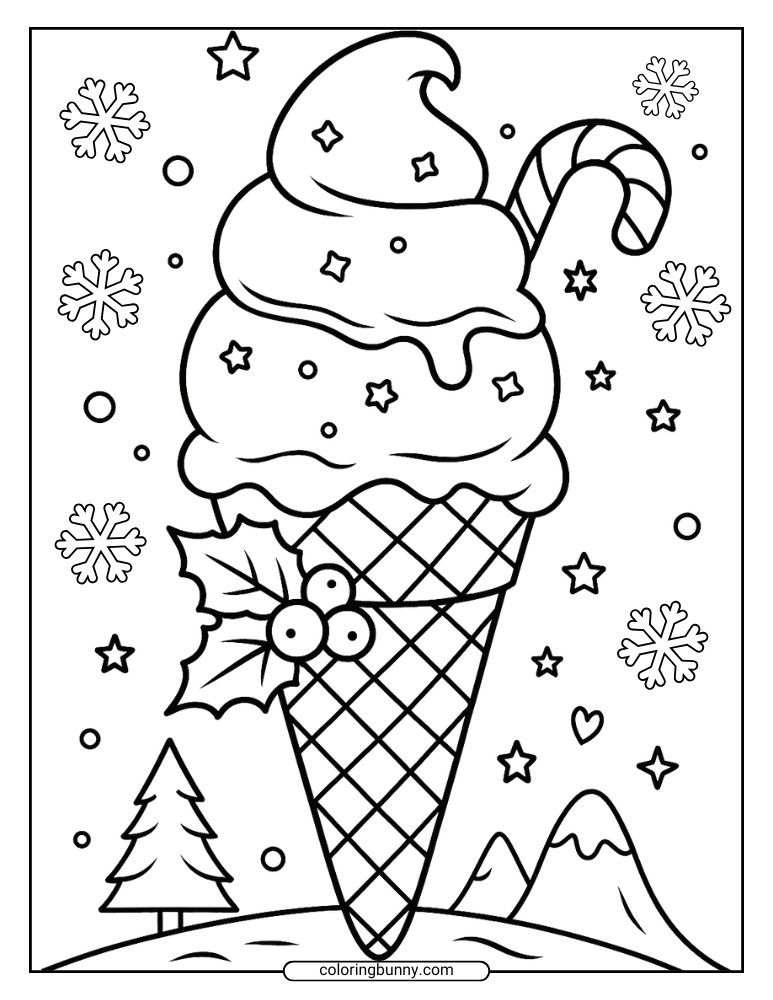 Christmas-themed ice cream cone coloring page with holly leaves, berries, candy cane, stars, snowflakes, and a snowy winter landscape in the background.