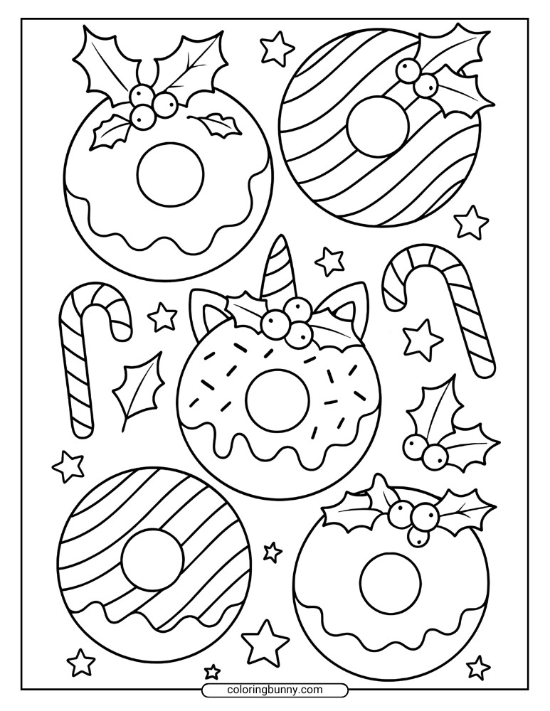 Donut christmas coloring page with Christmas-themed donuts decorated with holly, berries, stripes, sprinkles, and candy canes surrounded by stars for a festive holiday design