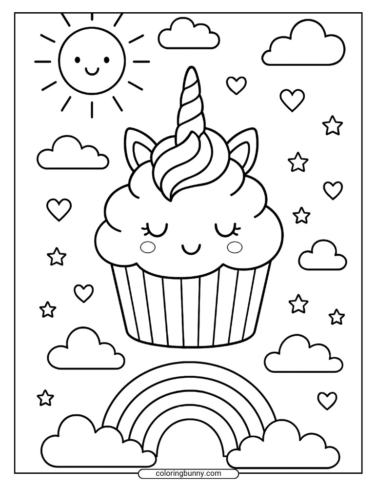 Cute unicorn cupcake coloring sheet featuring a chubby cupcake with a horn, clouds, hearts, and a rainbow beneath.