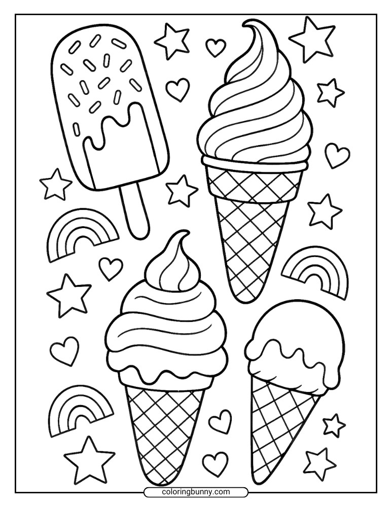 Printable coloring page with four desserts—two soft-serve ice cream cones, one single-scoop cone, and a bitten sprinkled popsicle—decorated with stars, hearts, and rainbows.