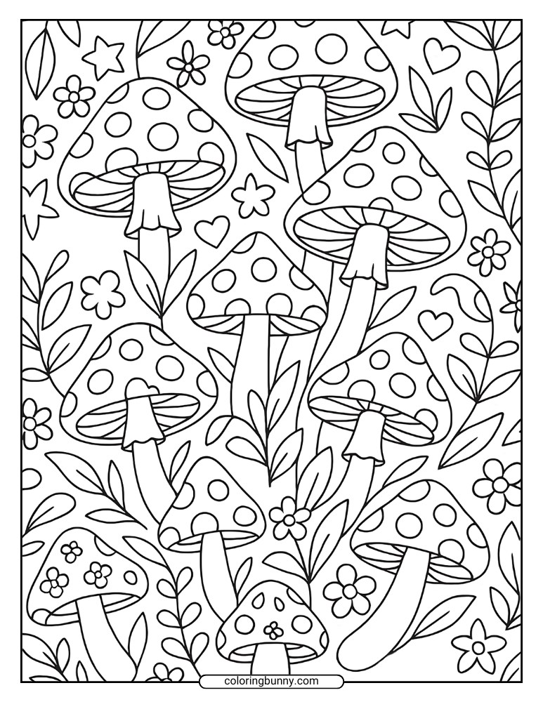 Mushroom coloring page filled with spotted mushrooms, leaves, stars, and flowers in a packed, playful design.