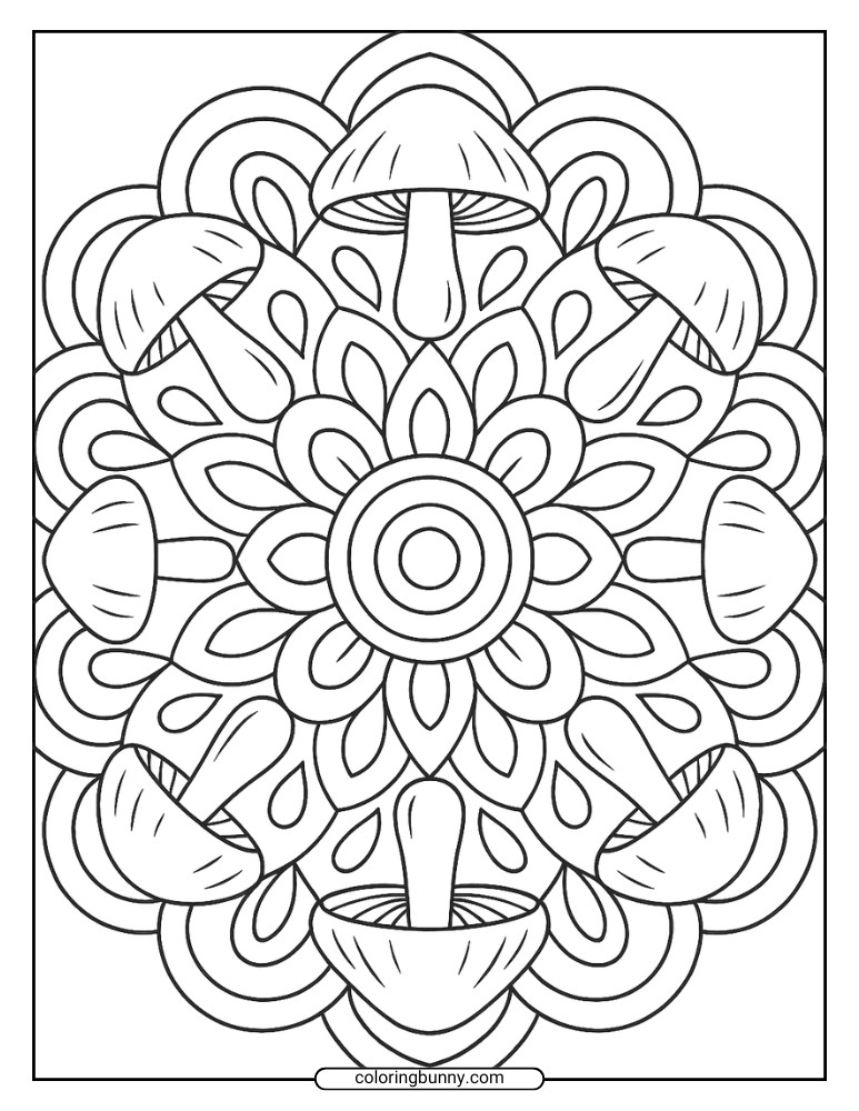 Complex Mushroom Mandala Coloring Page of a symmetrical mandala filled with mushrooms and layered petal-like shapes, arranged in a circular pattern.