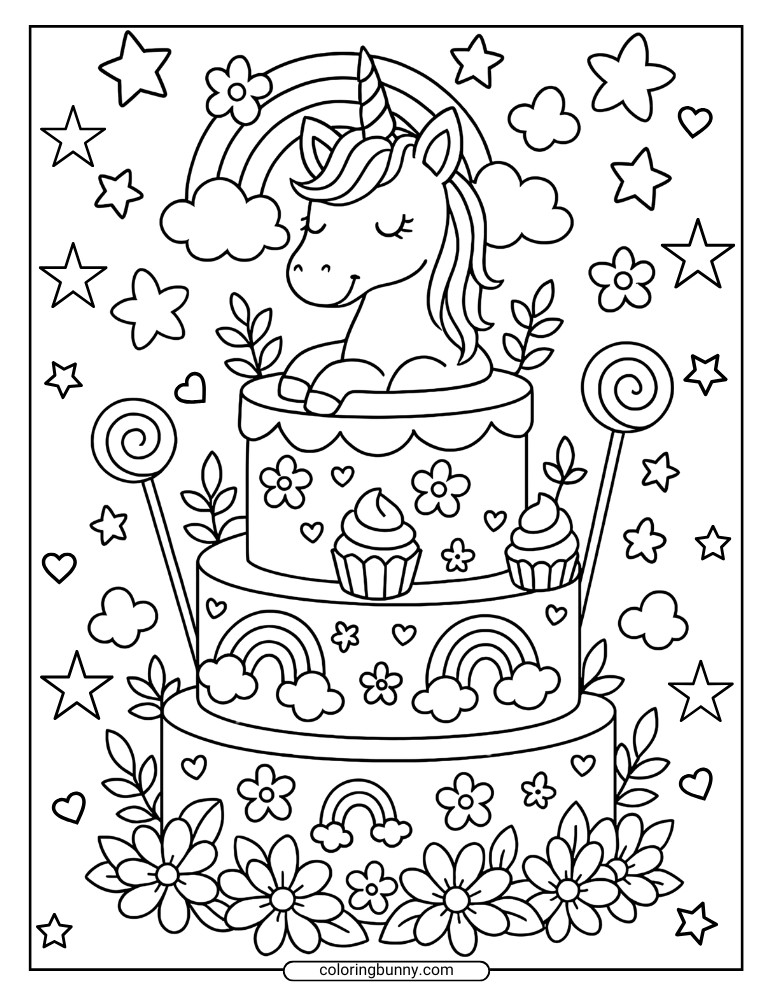 A unicorn coloring page featuring a tall unicorn cake decorated with cupcakes, flowers, rainbows, hearts, and stars all around.
