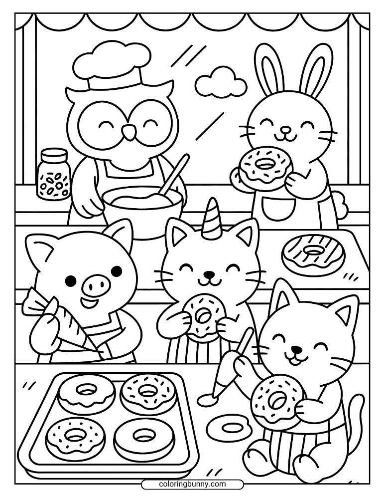 Donut coloring page of cute animals including an owl, bunny, pig, and cats baking and decorating donuts with sprinkles and frosting in a cozy bakery setting