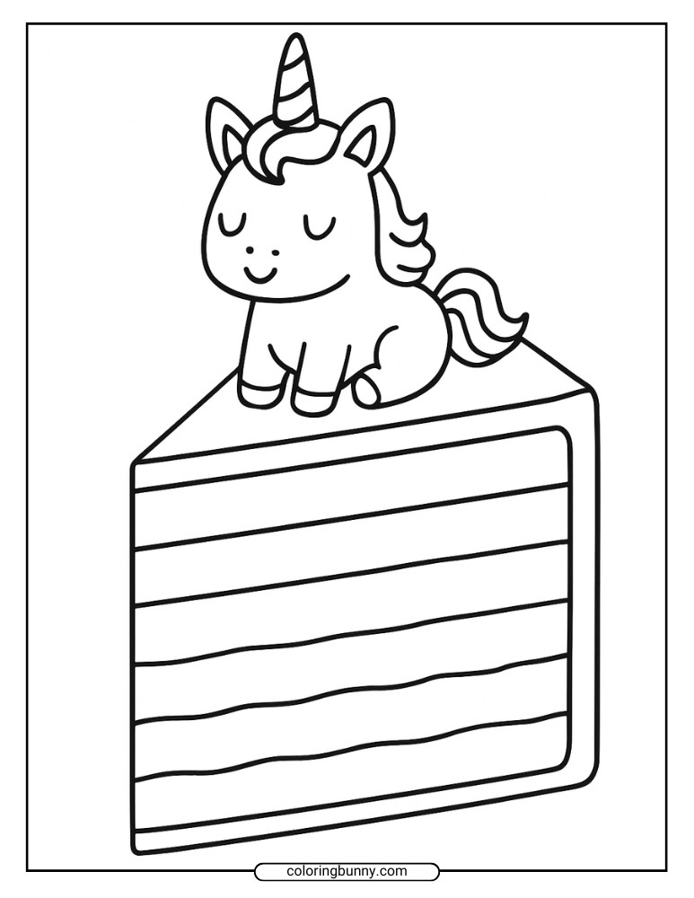 Printable coloring page featuring a cute unicorn sitting on a large multi-layer cake slice, perfect for kids and unicorn fans to color.