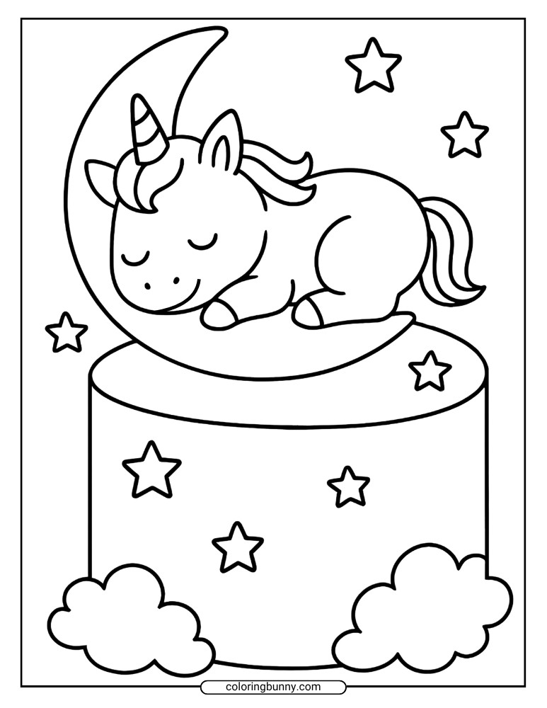 Coloring sheet of a unicorn resting on a moon that’s perched on a tall round cake, with stars and clouds floating in the background.