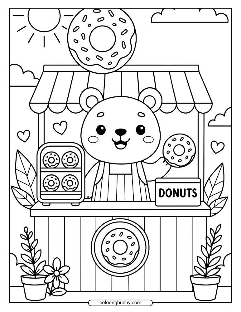 Donut coloring sheet showing a cute bear at a decorated donut stand with trays of frosted donuts, plants, a sunny sky, and heart accents