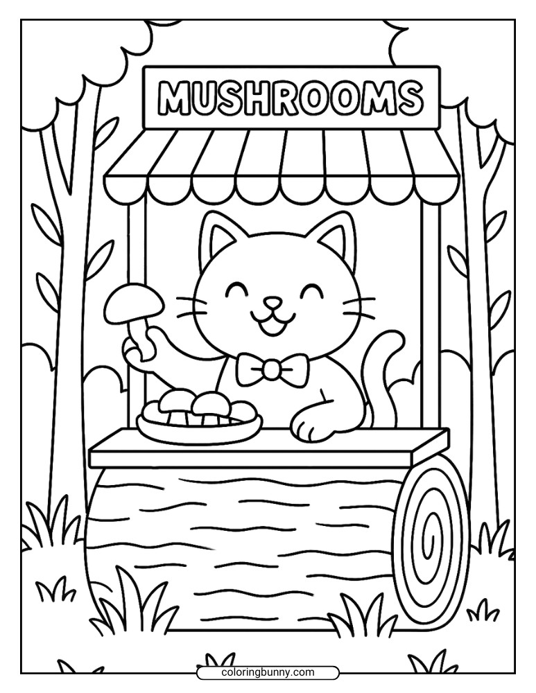 Mushroom coloring page of a smiling cat at a mushroom stall in the woods, holding a mushroom with more on a plate in front of it.