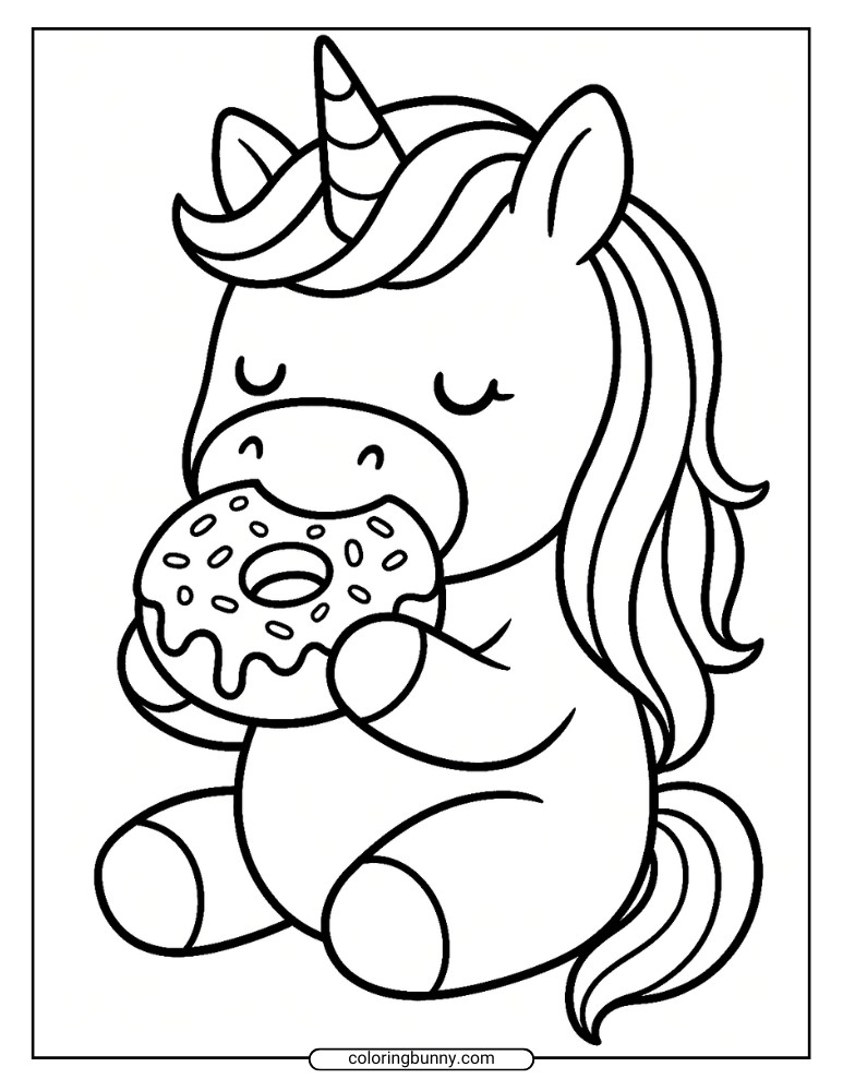 Donut coloring page of a cute chubby unicorn sitting and happily holding a sprinkled donut, perfect for kids who love unicorn and dessert-themed coloring fun.