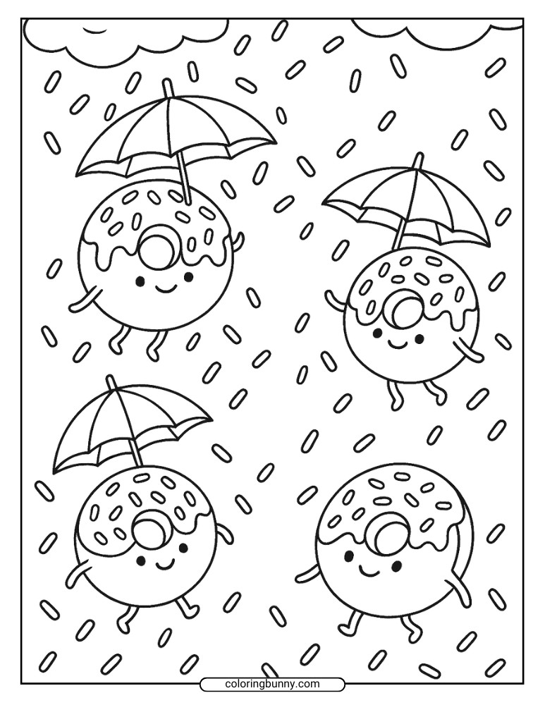 Donut coloring page featuring four smiling donuts in a rain of sprinkles, with some donuts holding umbrellas and others joyfully walking through the sprinkle storm, perfect for kids and adults to color.