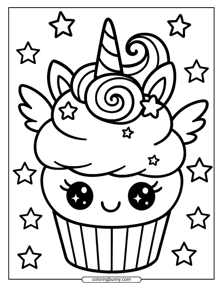 Coloring sheet of a kawaii unicorn cupcake with wings, swirled frosting, and a horn, surrounded by stars.