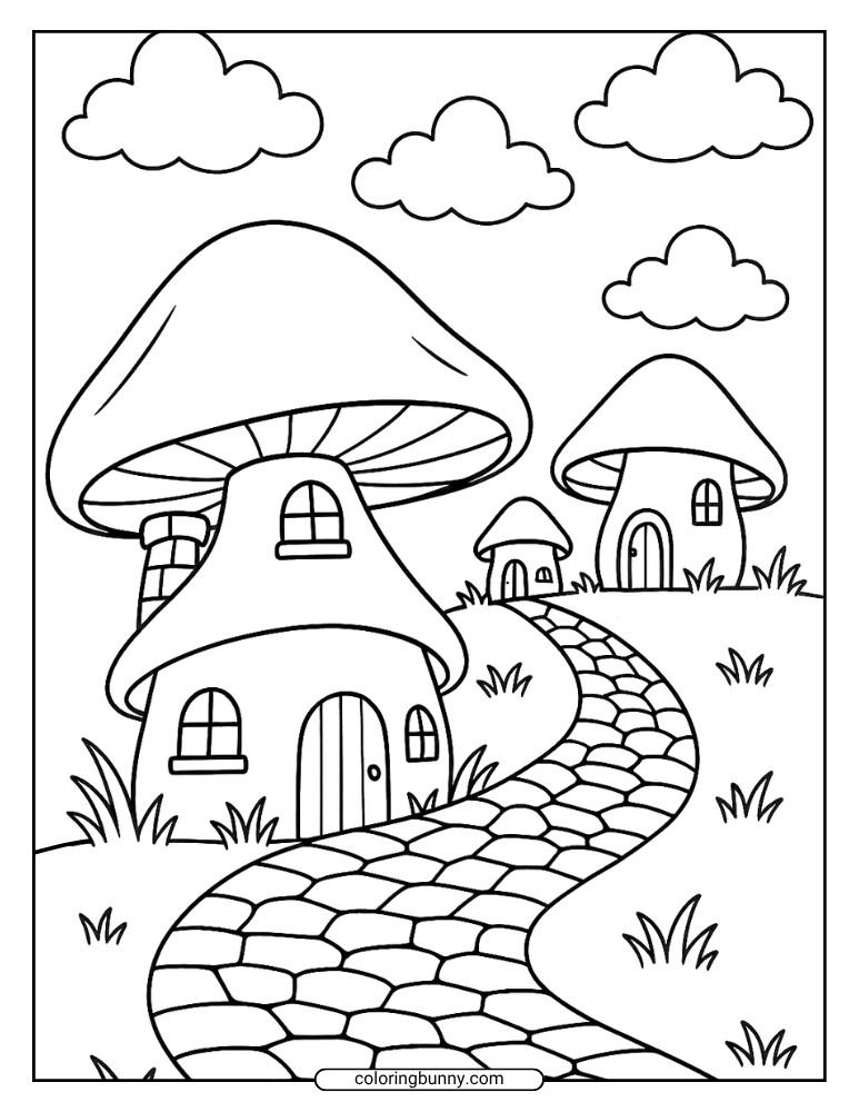 Mushroom coloring page of a curving path leading to mushroom-shaped homes with clouds above and grass all around.