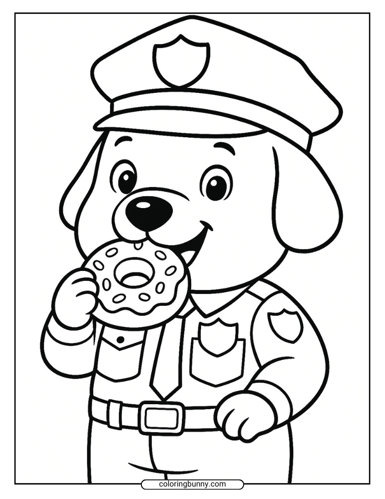 Fun donut coloring page of a cute police dog in uniform happily eating a sprinkle-covered donut while smiling.