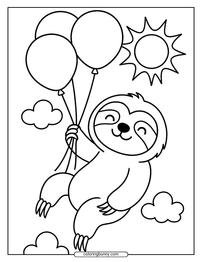 Cute sloth coloring sheet showing a smiling sloth holding onto four balloons, floating high in the sky with clouds and a shining sun.