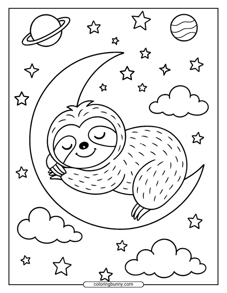Coloring page of a Cute sloth sleeping on a crescent moon with stars, planets, and clouds in the background.