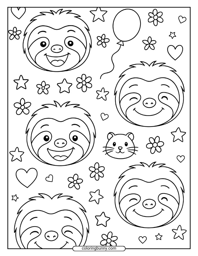 Cute sloth wallpaper coloring page with multiple happy sloth faces, stars, flowers, hearts, and a balloon.