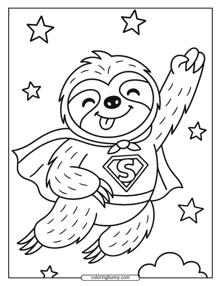 Sloth coloring page of a Superhero sloth flying through the night sky,