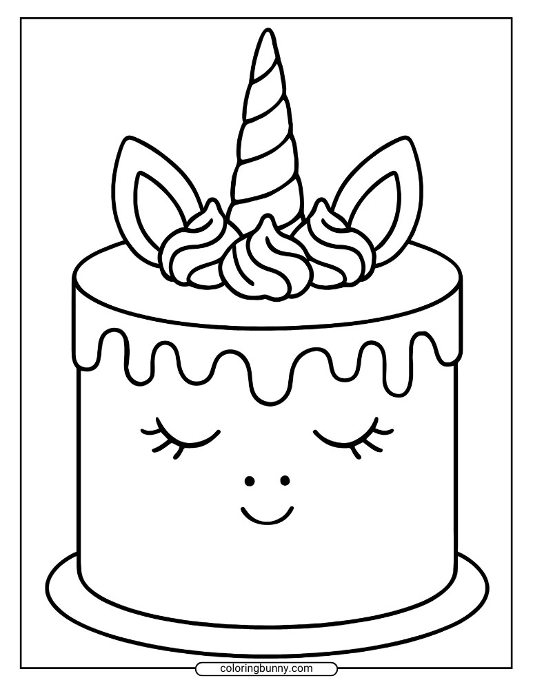 Unicorn cake coloring sheet with a cute smiling face, frosting swirls, and a horn.