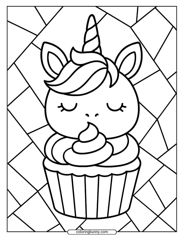 Coloring sheet of a unicorn cupcake with a geometric background pattern.