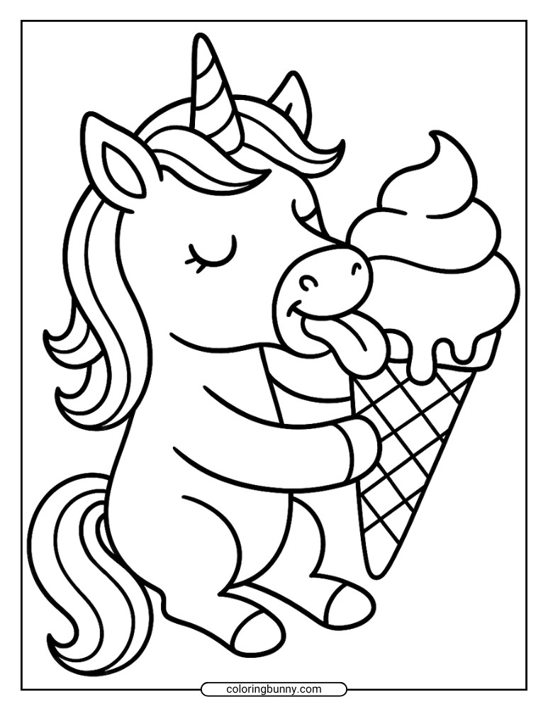 Sweet unicorn ice cream coloring page featuring a sitting unicorn enjoying a big cone.