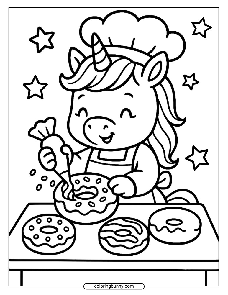 Donut coloring page of an adorable unicorn wearing a chef’s hat and apron, decorating donuts at a table with stars around, ideal for a fun baking and unicorn-themed coloring activity.