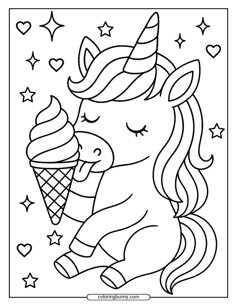 Cute unicorn coloring page licking an ice cream cone surrounded by stars and hearts.