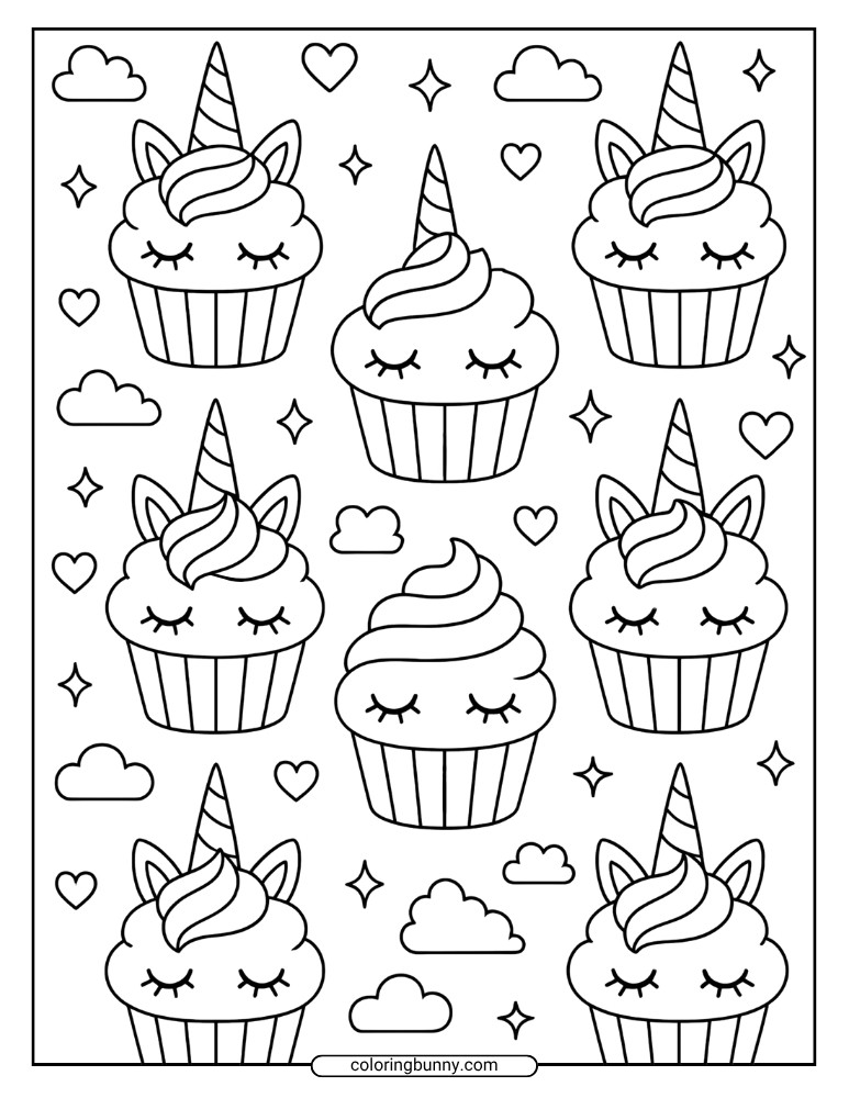 A coloring page of a repeating pattern featuring unicorn cupcakes with sleepy faces, surrounded by clouds, hearts, and sparkling stars.