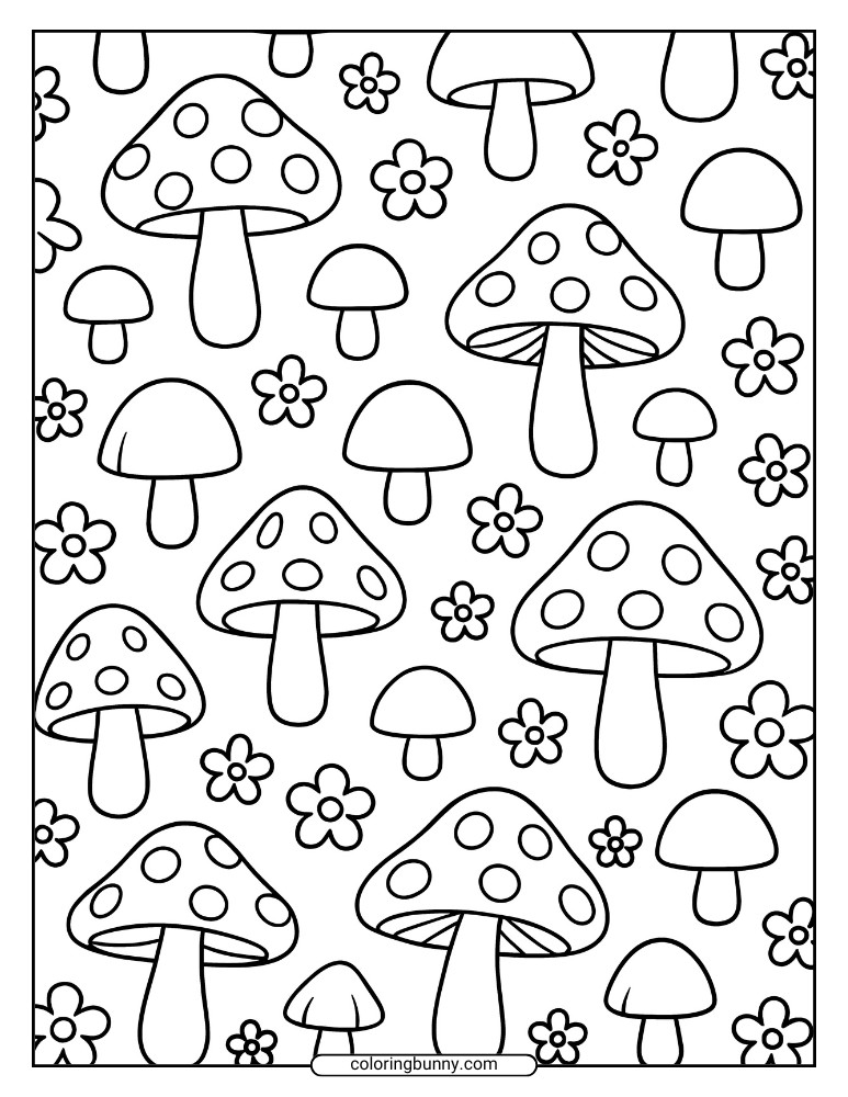 Mushroom and flower coloring sheet features a repeating pattern that’s perfect for mindful coloring or younger kids.