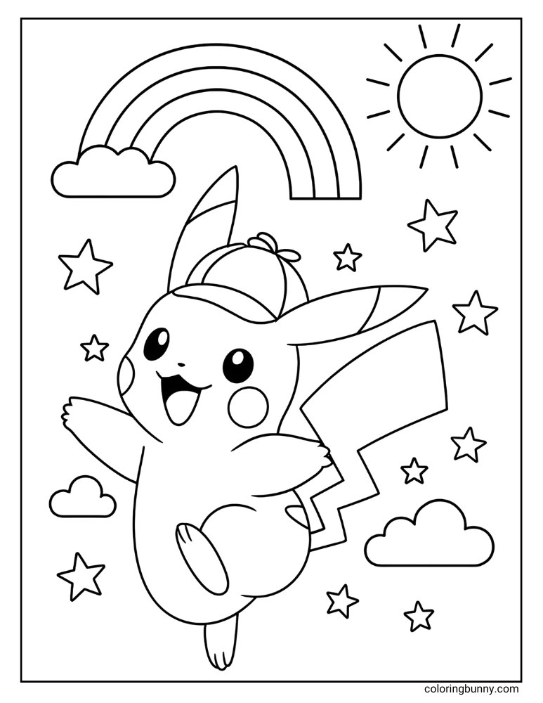 Cute Pikachu from Detective Pikachu, jumping happily under a rainbow and sun, a printable coloring page.