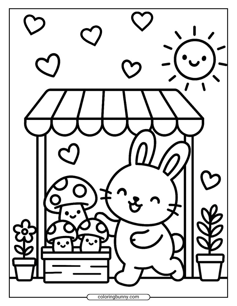 Mushroom coloring page of a cute bunny with a box of happy mushrooms at a little outdoor stall. Surrounded by heart shapes, potted plants, and a smiling sun overhead.