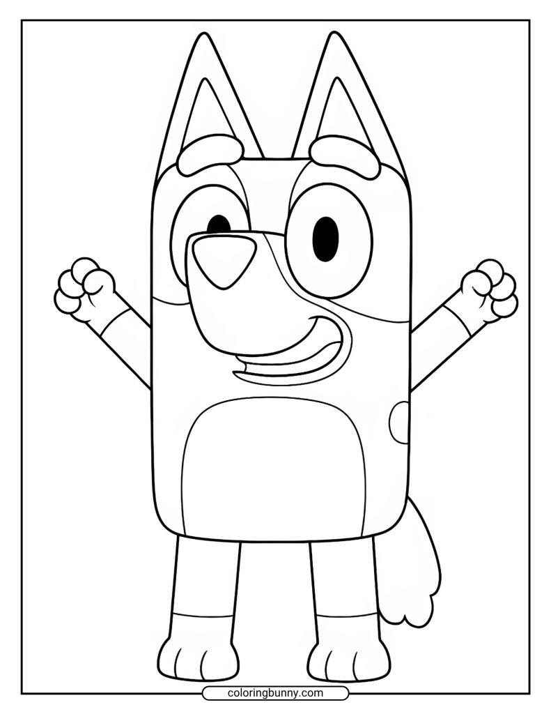A coloring page of a smiling Bluey with her arms raised in the air, looking happy and excited.