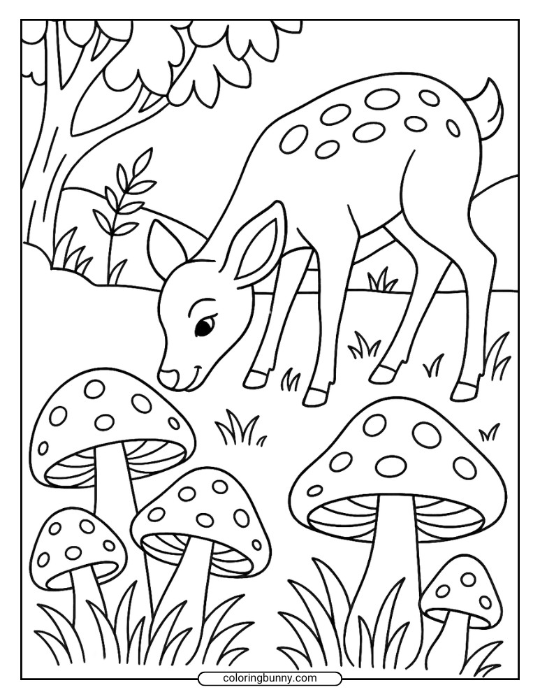 A mushroom coloring page of a gentle deer with spots on its back stands in a forest meadow surrounded by tall grass and mushrooms with speckled caps.