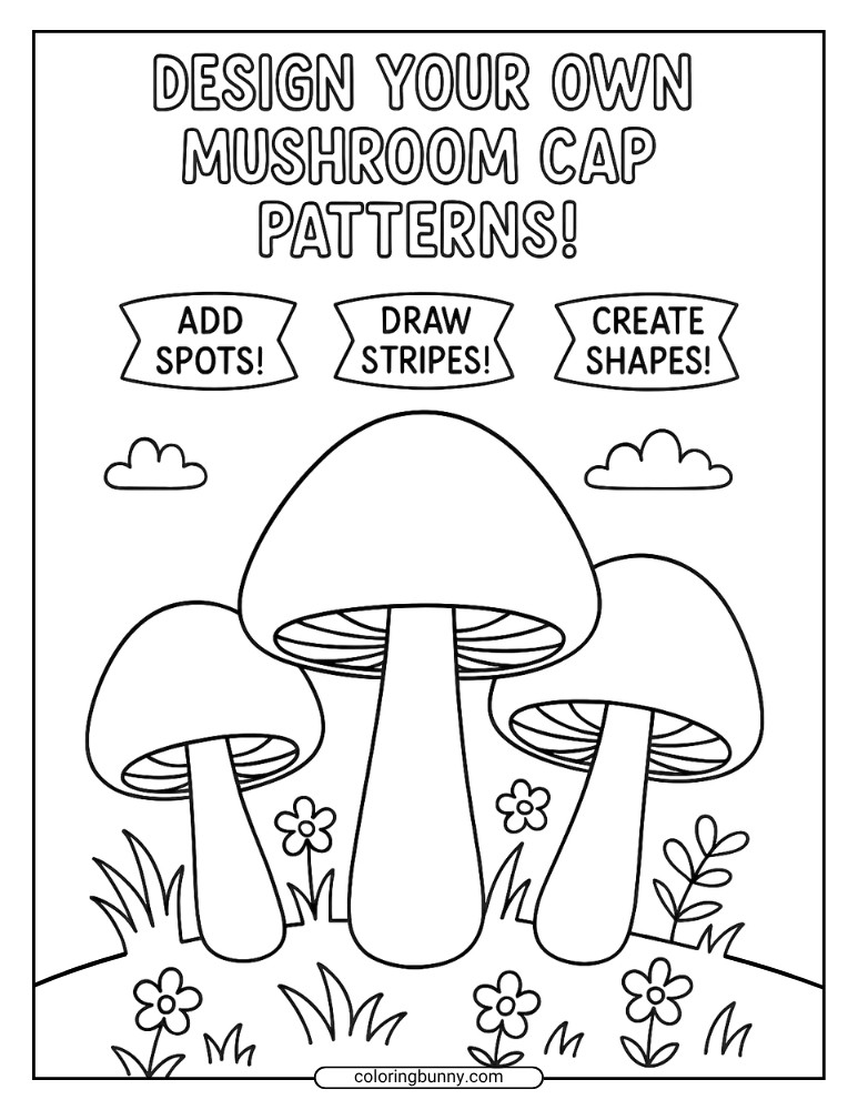 Design Your Own Mushrooms Coloring Page of three blank mushrooms stand in a field of flowers and grass, inviting kids to design patterns on the caps with spots, stripes, or any shapes they like.