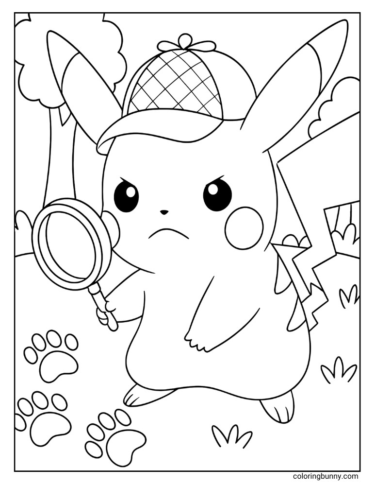 Detective Pikachu coloring page with Pikachu looking for clues