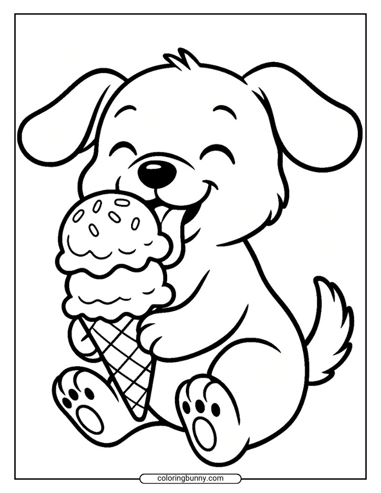 Dog eating ice cream cone coloring page with big scoops and sprinkles.